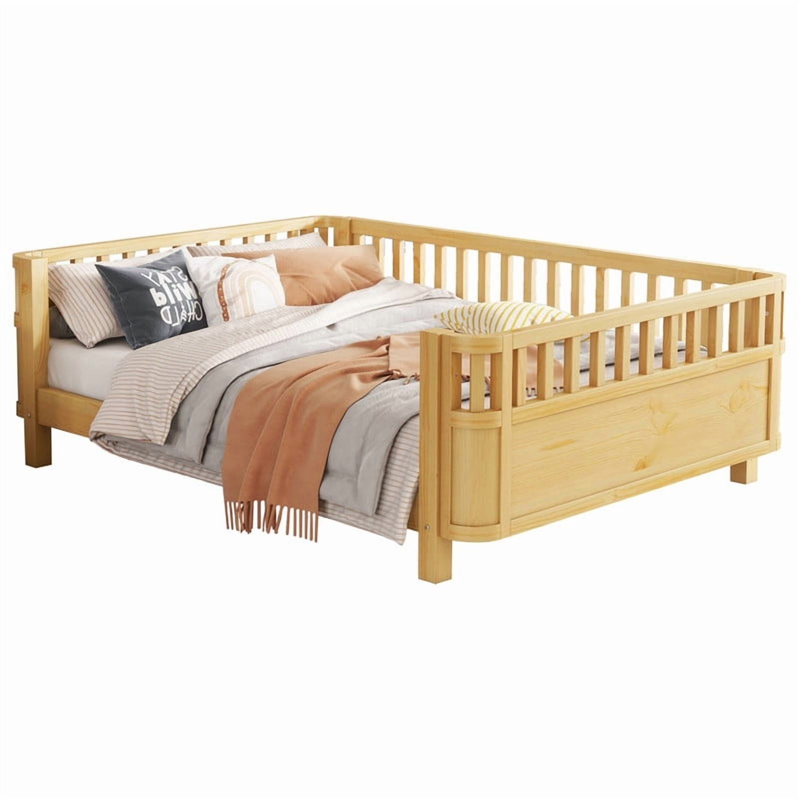 Mirightone Full Size Montessori Bed with Guardrails, Wooden Low Profile Bed Frame with Slat Support, Modern Bed with Removable Side Rails, Natural