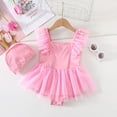 thumbnail image 2 of One Piece Swim Suit for Toddler Girls Ruffle Mesh Patchwork Sleeveless Princess Cap 2 Piece Set Beach Swimwear Bathing Suit, 2 of 3