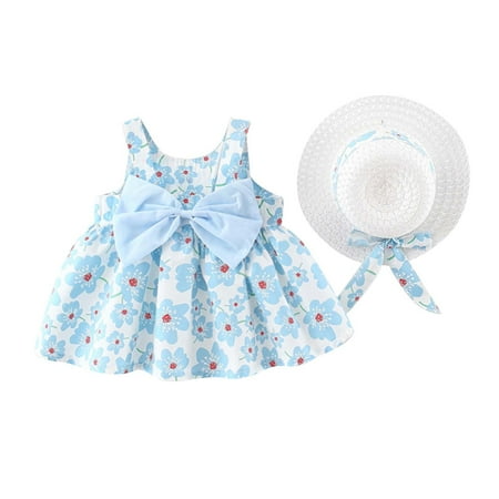 

Lovskoo Toddler Kids Baby Girls Summer Floral Print baby girl pageant dress Dress+Hat Two-piece Suit Princess Dress Blue 100