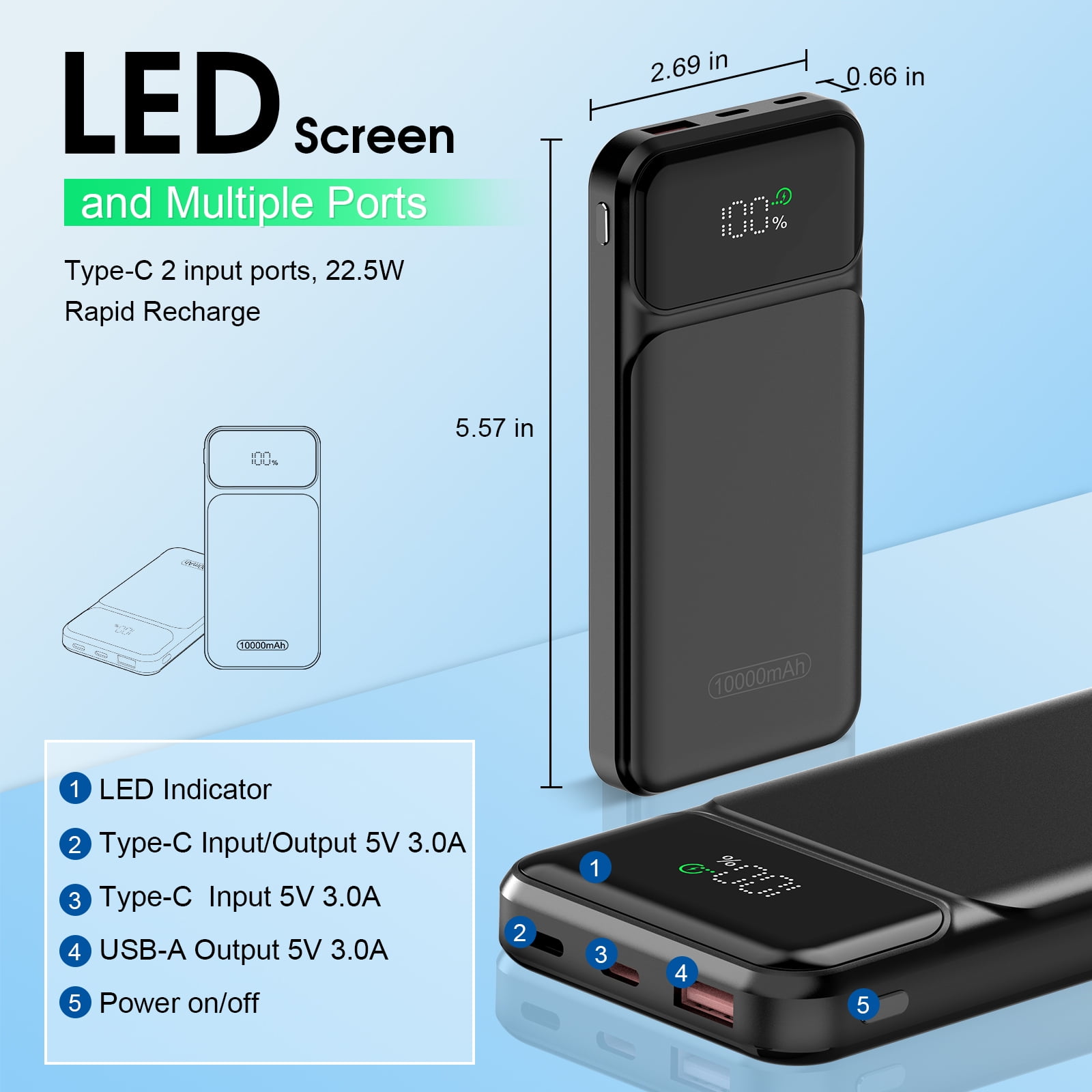 Portable Charger 10000mAh Power Bank with PD 22.5w Fast Charging, USB C in&out External Battery Pack, Portable Cell Phone Charger Compatible for iPhone17 16 15 14 /Pro/Pro Max/Plus Android