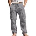 thumbnail image 2 of WULMLEO Mens Casual Linen Cargo Pants Summer Elastic Waist Straight Leg Pants Beach Trousers with Cargo Pockets Dark Gray XL, 2 of 5