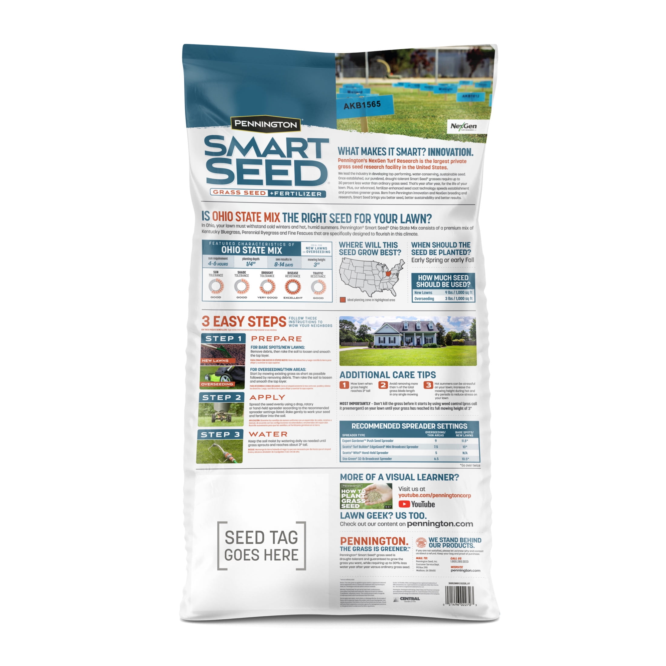 Pennington Smart Seed Ohio State Mix Grass Seed, for Sun to Partial Shade, 20 lb. New Bag