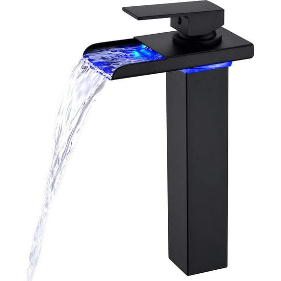 Bathroom Faucet, Black Waterfall Bathroom Sink Faucet 1 Hole Single Handle Tall Vessel Faucet, Brass Faucet with Water Supply Hoses