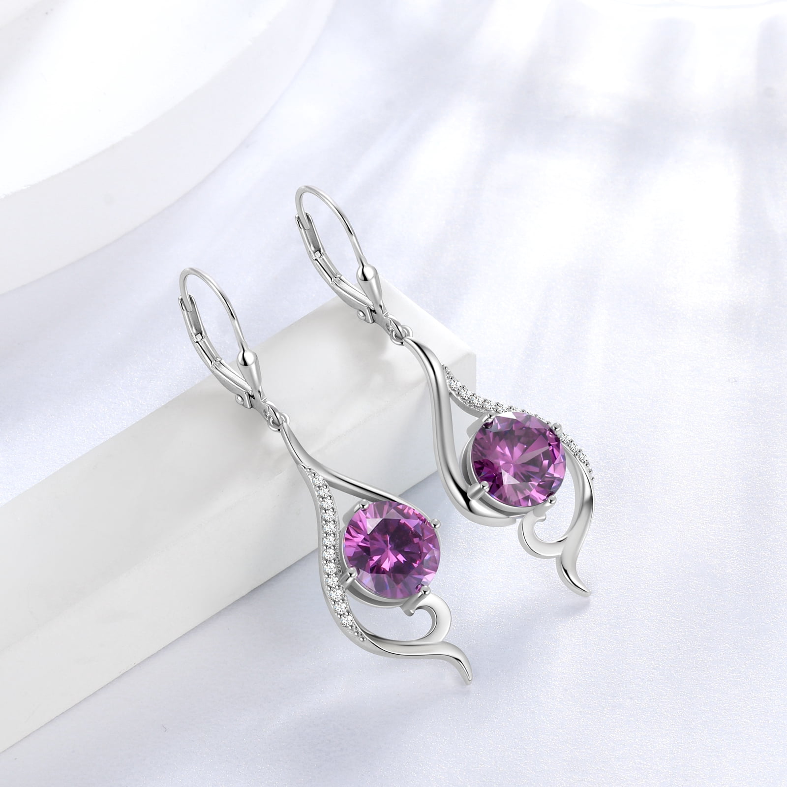Juwaliy Women Drop Earrings February Birthstone Amethyst Purple Hanging Leverback Earring Sterling Silver Jewelry Christmas Birthday Valentine's Day Gift for Her/Wife/Mom