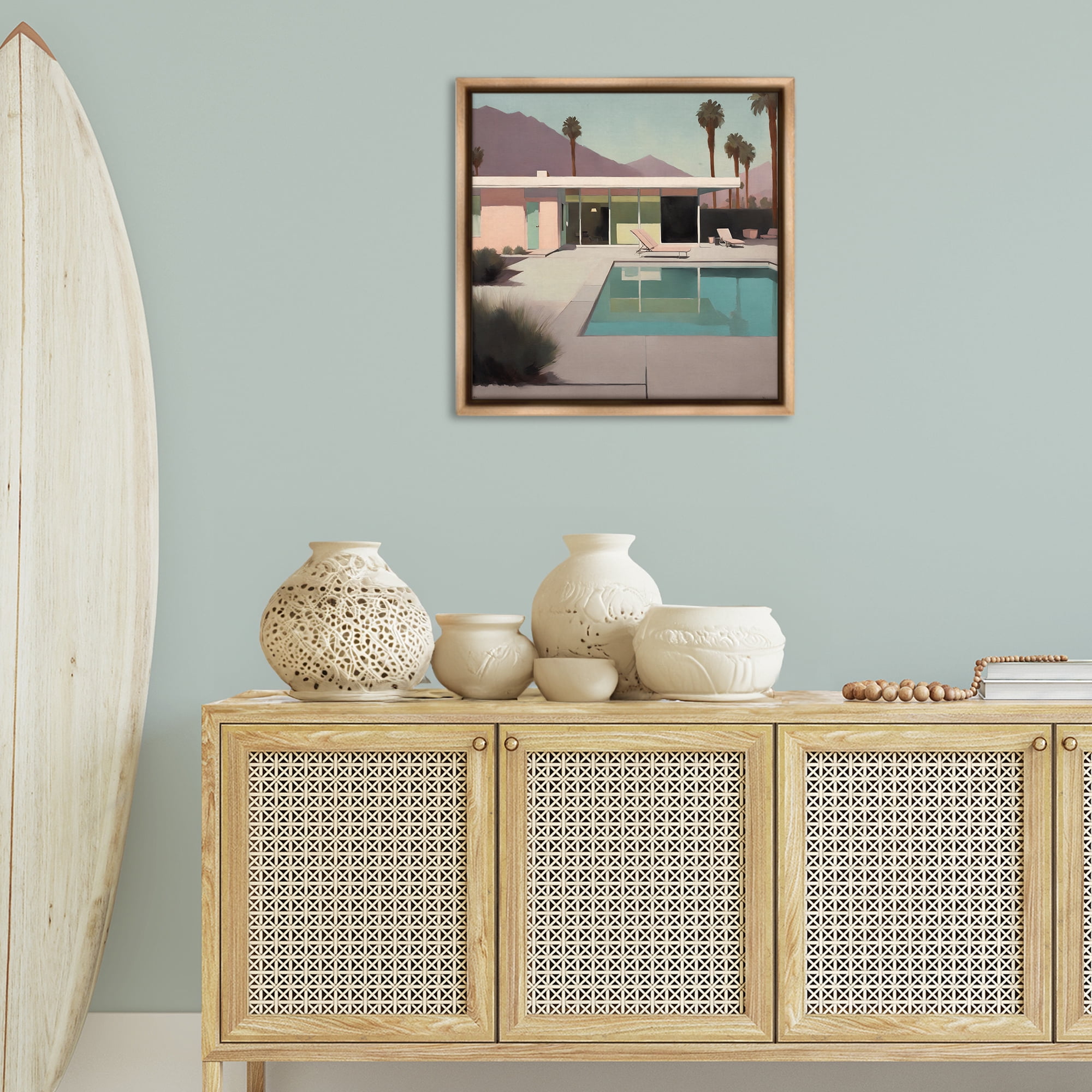 Stupell Industries Californian Pool View Landscape & Nature Painting Brown Floater Framed Canvas Art Print Wall Art, 25 x 25
