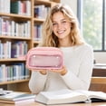 thumbnail image 5 of Large Capacity Pencil Case 3 Compartments, Pencil Pouch Bag with Zipper Portable Handle, Pen Case Bag Stationery Organizer for Office College School Adults Teen Girls Boys Men Women (Pink), 5 of 5