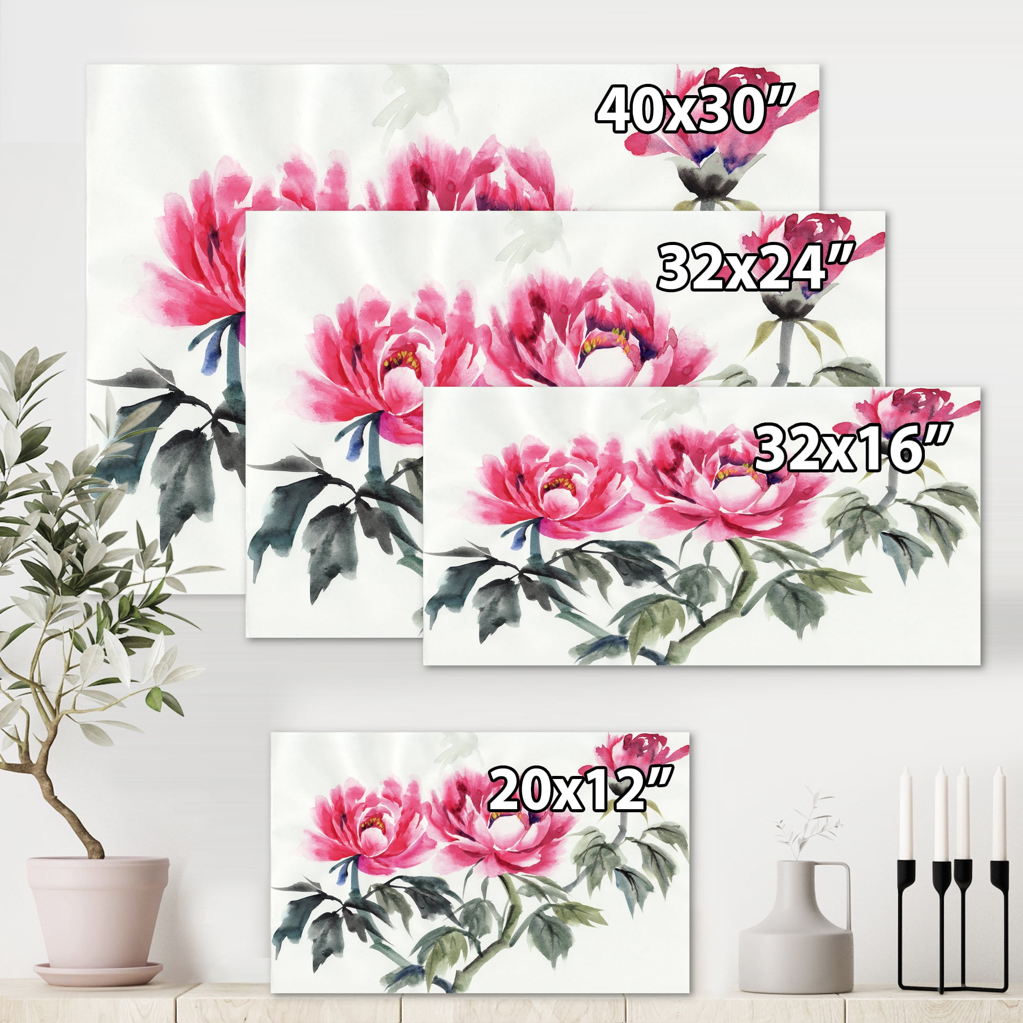 Designart ' Ancient Purple Peonies Branch ' Traditional Canvas Wall Art Print