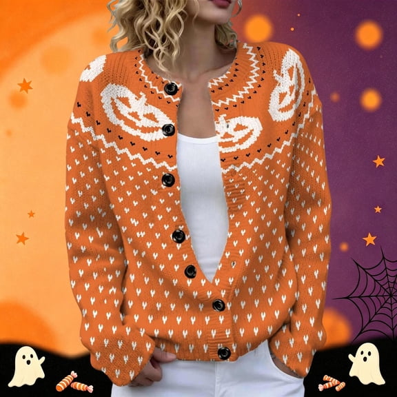 Women's Halloween Pumpkin Open Front Cardigan Button Kint Sweater, Loose Long Sleeve Sweater for Fall Halloween Daily Outfits(Orange1,XXXL)