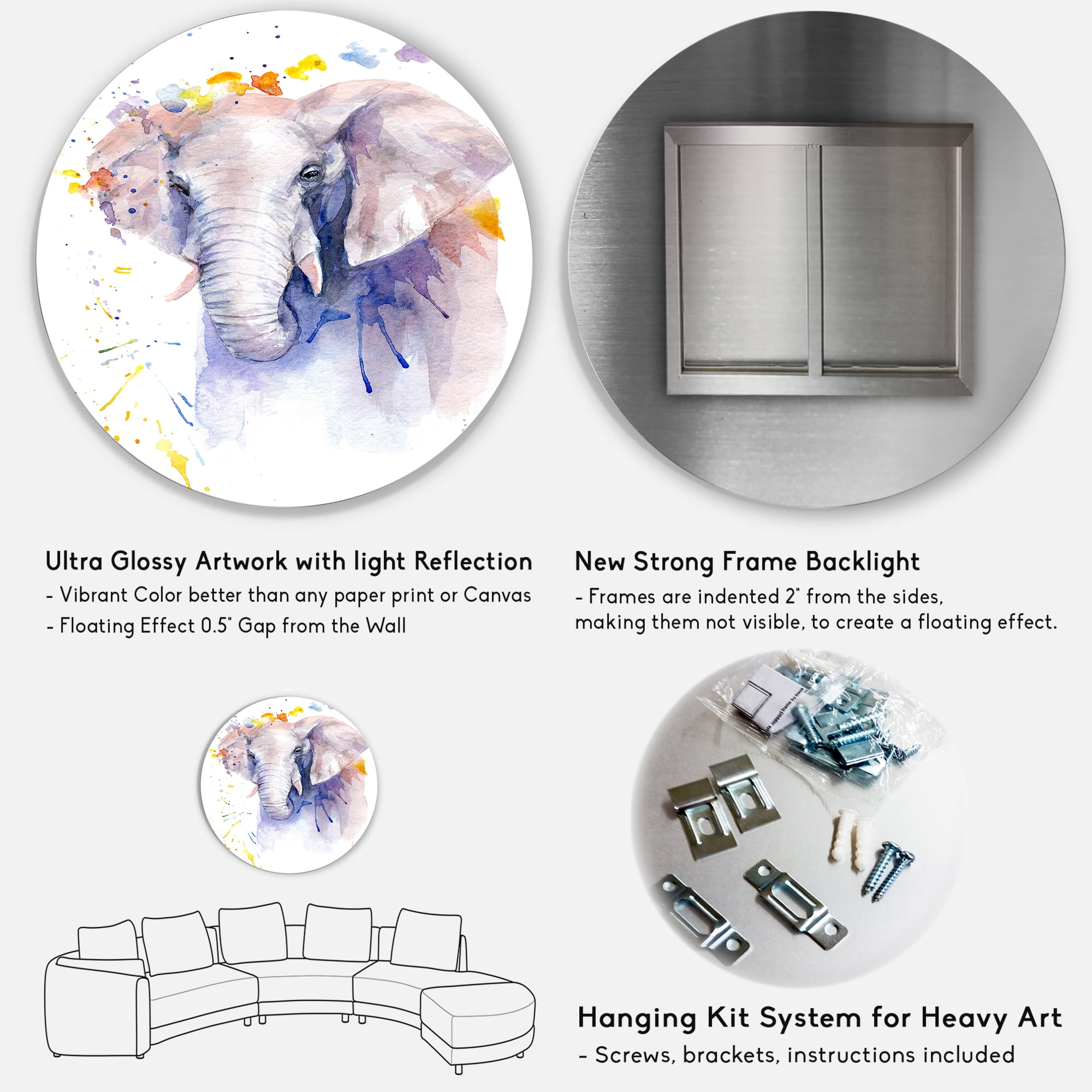 Designart 'Portrait of An Elephant Yellow and Blue Strokes' Farmhouse Circle Metal Wall Art 11x11 - Disc of 11