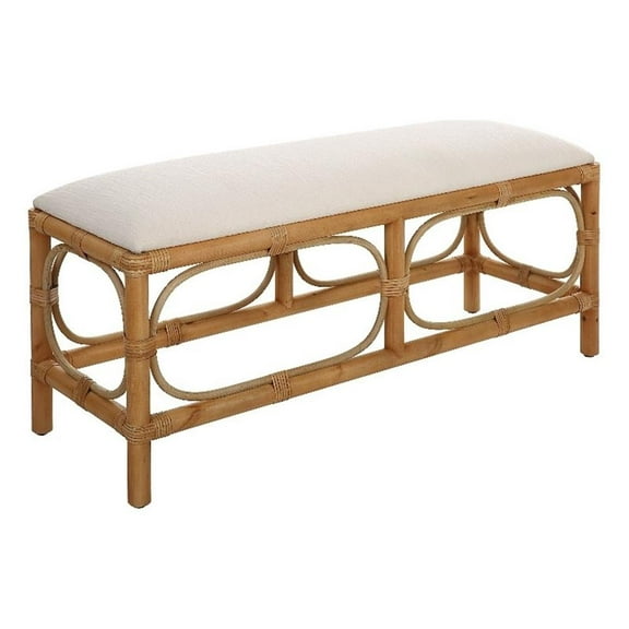 Maklaine 20.5" Transitional Fabric & Wood Bench in White/Natural