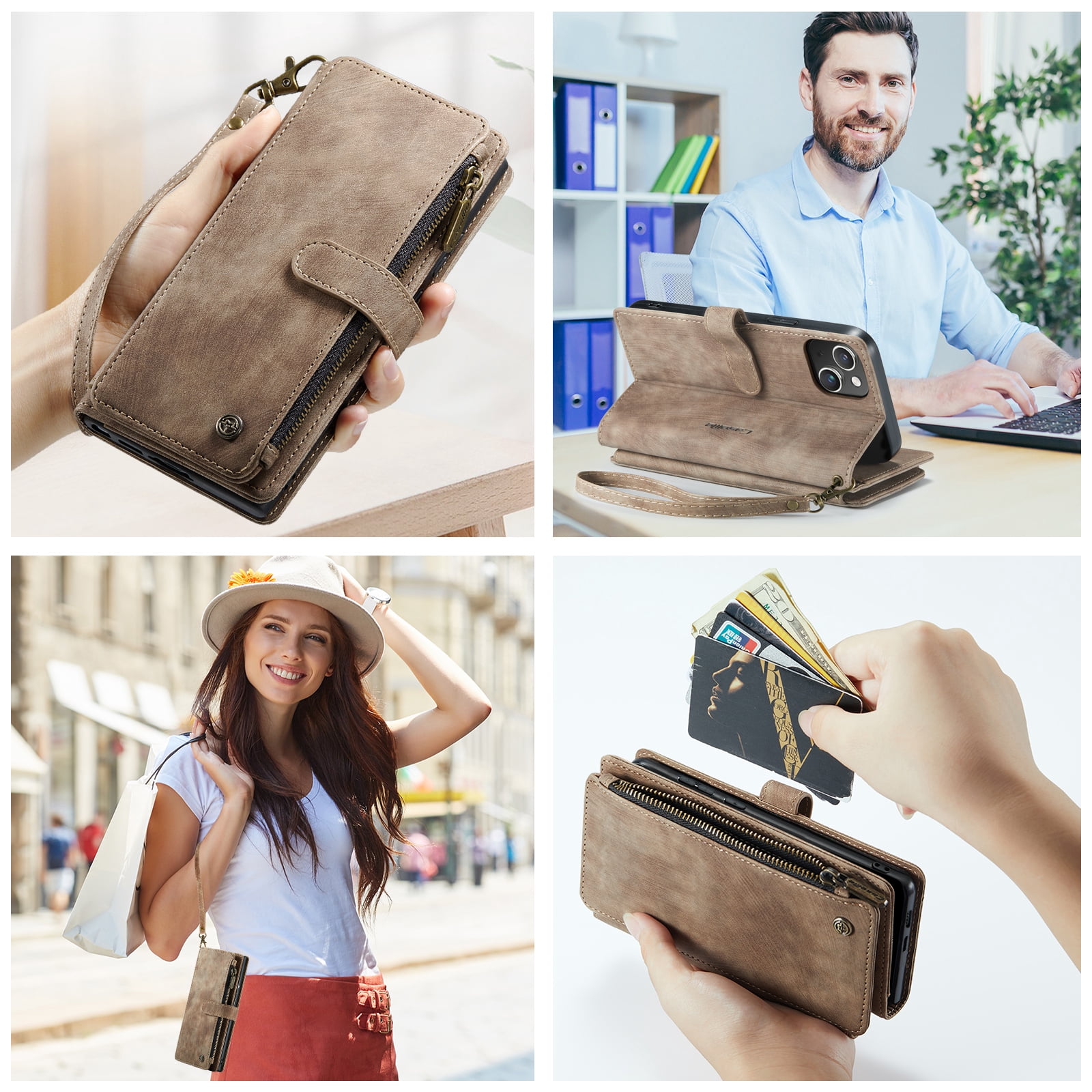 Dteck for iPhone 15 Plus Case with Card Holder, Premium iPhone 15 Plus Wallet Case for Women Men, Heavy Duty Durable PU Leather With Flip Zipper Pocket Phone Case w/ Wrist Strap Lanyard,Brown