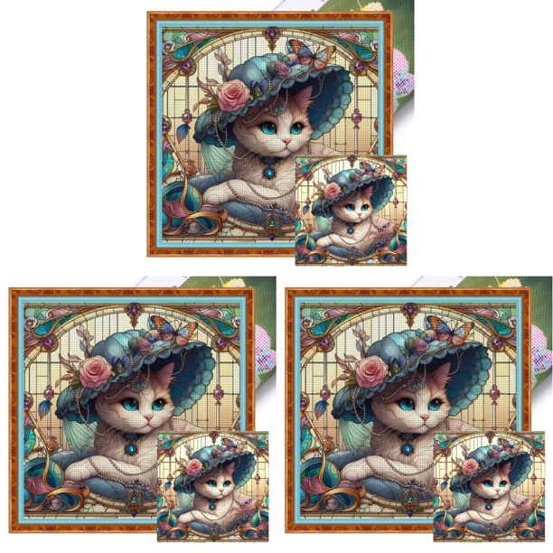 Hilo Algodón Ecológico Bordado Punto Cruz Gato Vidriera Con 11CT 40x40cm