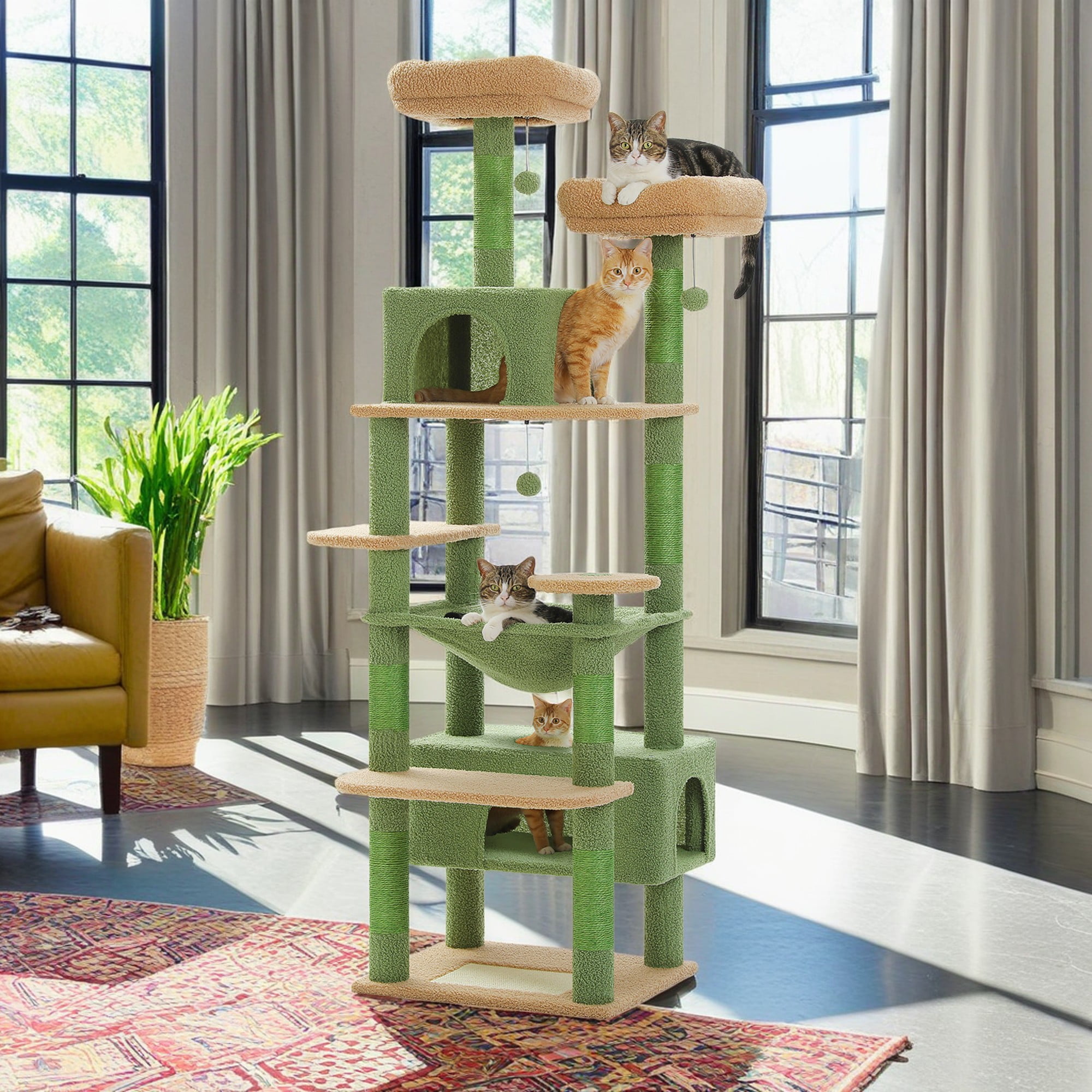 resenkos 72" Cat Tree Tower for Large Cats, Indoor Cat Condo with Sisal-Covered Scratching Posts and Pads, 2 Padded Perch, Green