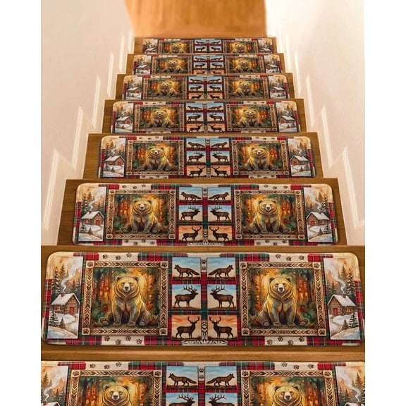 Forest Bear Stair Treads Country Forest Farmhouse Wolf Deer Snow Footprints Indoor Non Slip Peel and Stick Stair Treads for Wooden Steps 10 PCS, Soft Adhesive Staircase Mats Runner Rugs 8"x30"