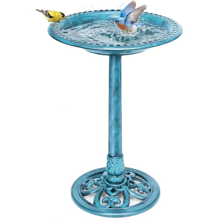 Condition photo showing New/Like New for specstar bird bath 28 inch height polyresin lightweight antique outdoor garden birdbath blue