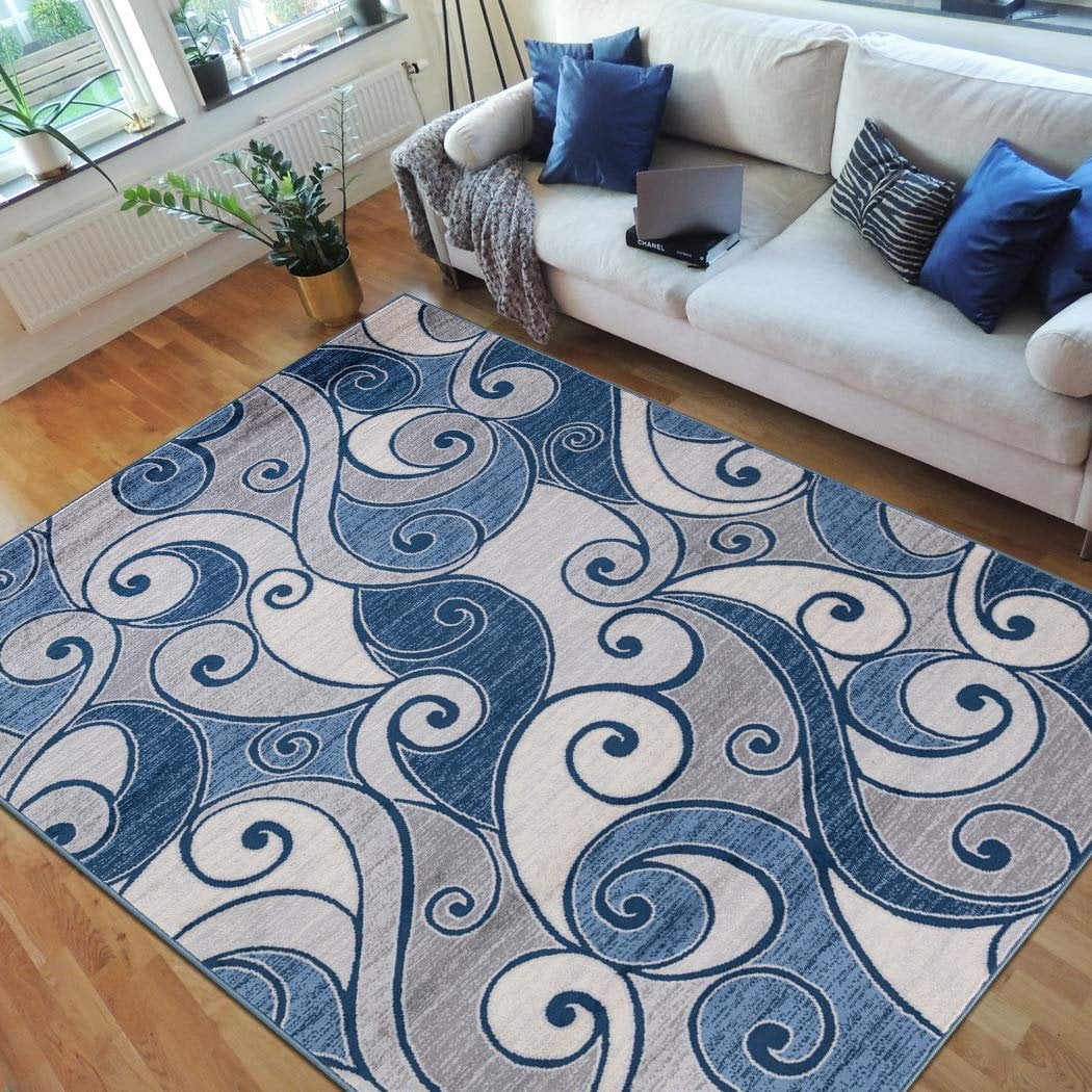 Swirls Rugs/Luxury Livingroom Modern Soft/SmoothBlue/Silver/Gray/White