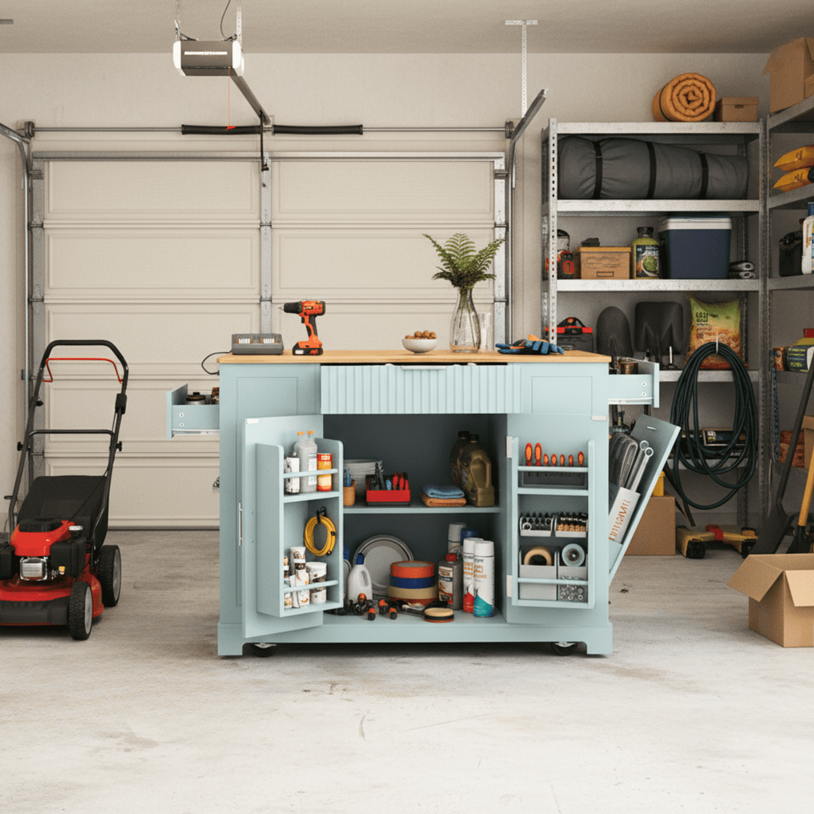 Homy Casa 48" Rolling Garage Cabinet, Drawers, Adjustable Shelves,Power Outlet, for Workshop, Grey Blue