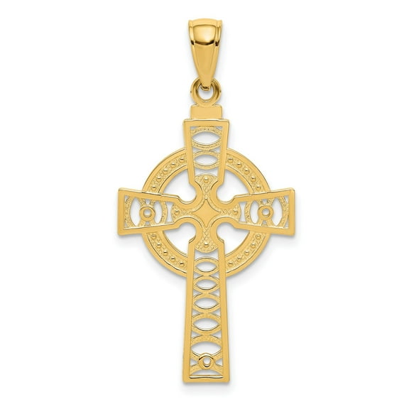 10K Yellow Gold Celtic Cross Pendant Necklace for Men and Women with Eternity Halo Design Religious Spiritual Jewelry Unisex Fine Traditional Artisan Style Christian Faith Accessory
