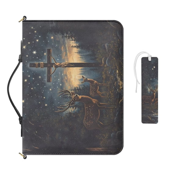 Kuiaobaty Deer Cross Print Bible Cover with Leather Bookmark Waterproof Bible Carrying Case with Handle and Strap Roomy Bibles Study Accessories for Women Men Church, Blue