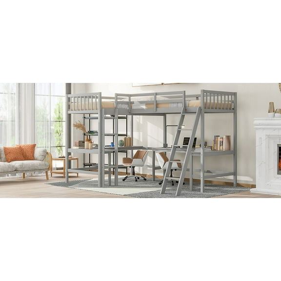 MAYEERTY Wood Twin Size L-Shaped Loft Bed with Ladder and 2 Built-in L-Shaped Desks, Gray