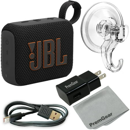 JBL Go 4 Ultra-Portable, Waterproof and Dustproof Bluetooth Speaker (Black) with Punchy bass, 7-Hour Battery, Bundled with Clear Suction Hook, Charging Cable, Wall Adapter and Cloth