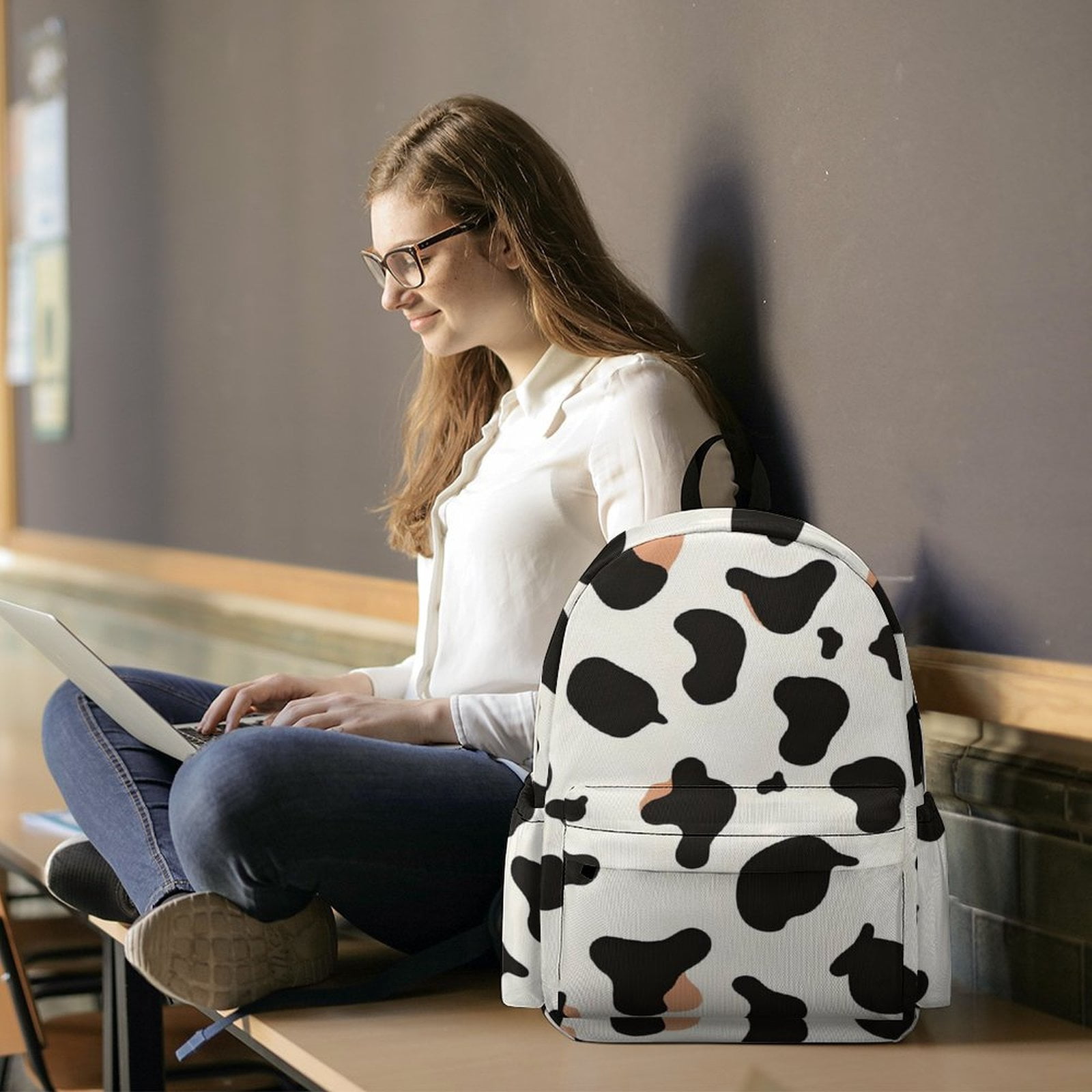 Large Capacity Half Print Backpack 11.8×16.5×5.9in Multifunctional Zipper Design Convenient Switch Simple Cow Print Pattern1_1