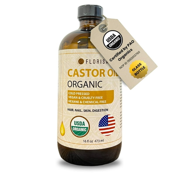 Aceite de ricino Florisan orgánico prensado en frío, 473 ml, certificado por el USDA