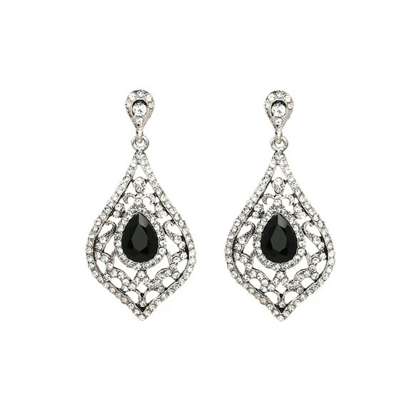 LINEL Silver Black Crystal Vintage Dangle Earrings