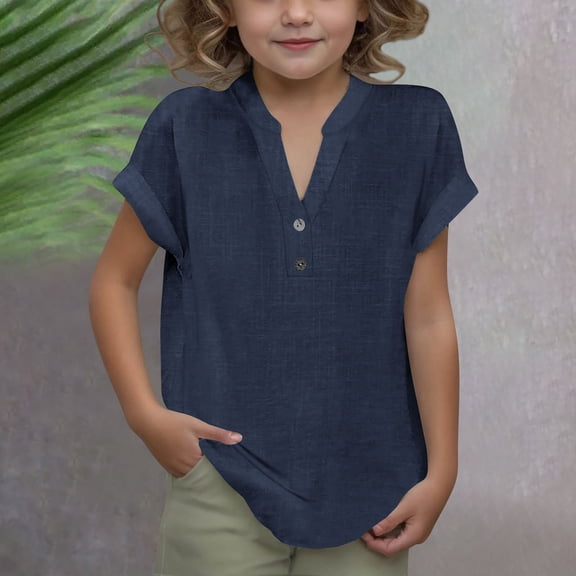 Up To $10 Sale!Cute Shirts for Girls 10-12 Sale Girls Summer Fashion Solid Button Shirt Female V-Neck Loose T-Shirt Blouse Navy 11 Years