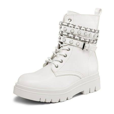 

Women Ankle Boots Platform Side Zipper Metal Chain Punk Style Combat Boots Shoes
