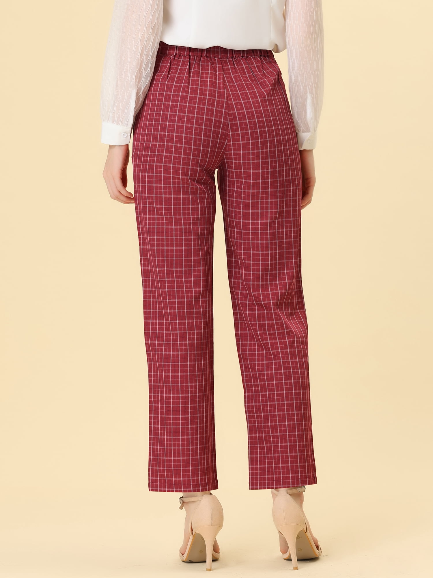 DARING DIVA Women's Plaid Trousers Pockets Straight Leg Casual Pant M Red
