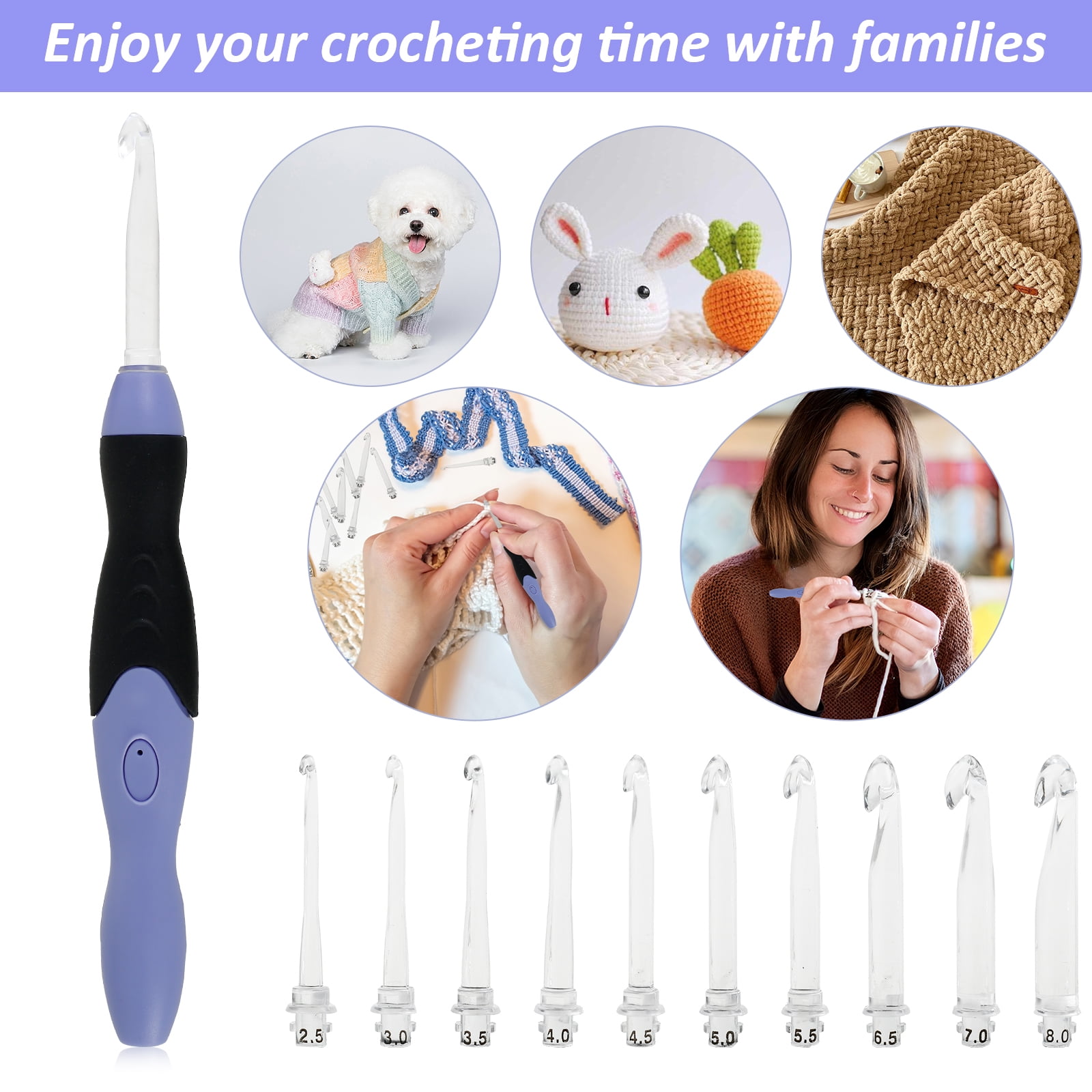 Light Up Crochet Hook Set 11 Sizes Lighted Crochet Hooks with Case Interchangeable Heads 2.5 mm to 8 mm Rechargeable Crochet Hook DIY Crochet Hooks Set for Crocheting and Knitting