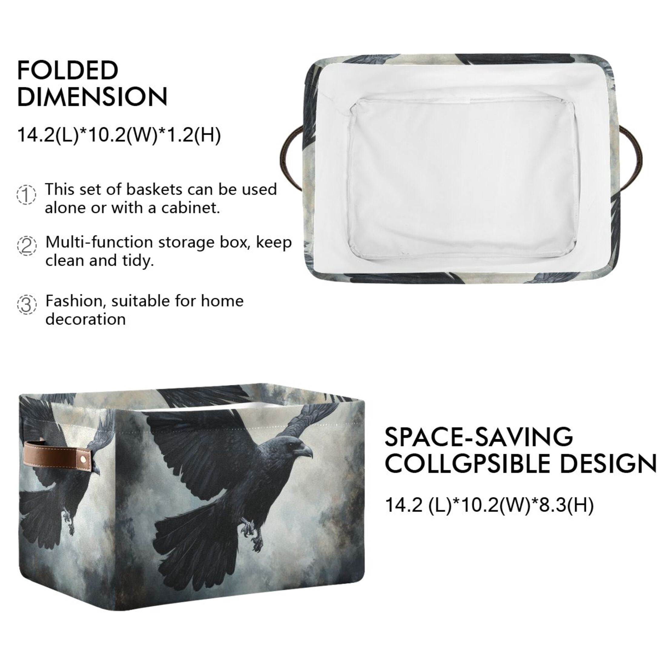 WOBOGO Black Bird Square Storage Basket with Waterproof Canvas and PE Lining Durable PU Leather Handles 14.2×10.2×8.3in