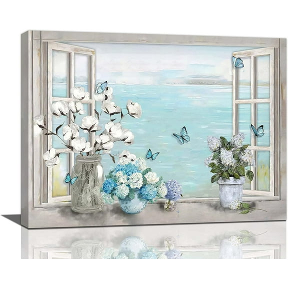 Cotton Hydrangea Bathroom Wall Art Farmhouse Flower Butterfly Pictures Floral Bathroom Wall Decor Cotton Bathroom Canvas Prints Painting Framed Artwork for Bathroom Bedroom 16"x12"