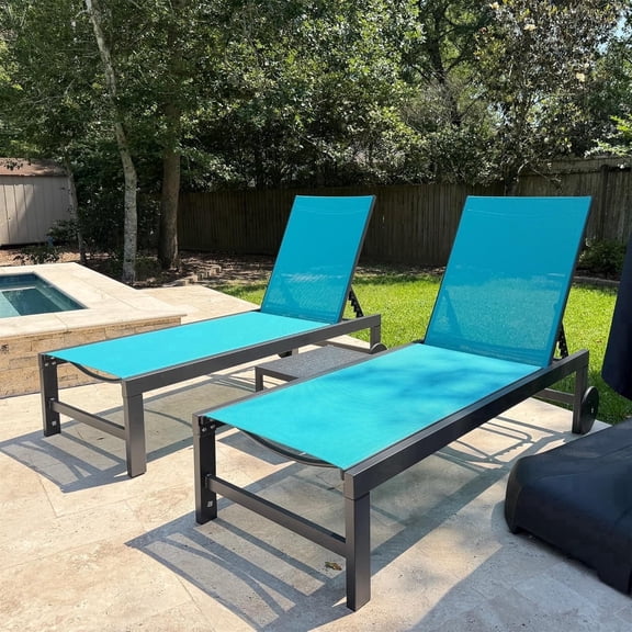 PURPLE LEAF Outdoor Chaise Lounge with Wheels for Outside 2 Pieces Aluminum Patio Lounge Chair with 5 Adjustable Position Recliner for Patio, Beach, Yard, Pool, Side Table Included, Turquoise Blue