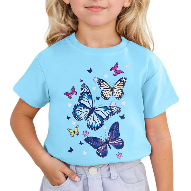 GDREDA Vêtements pour Filles Enfants Mignon Imprimé Manches Courtes Col Rond T-Shirt Manches Courtes Hauts Bleu Ciel, 5-6 Ans