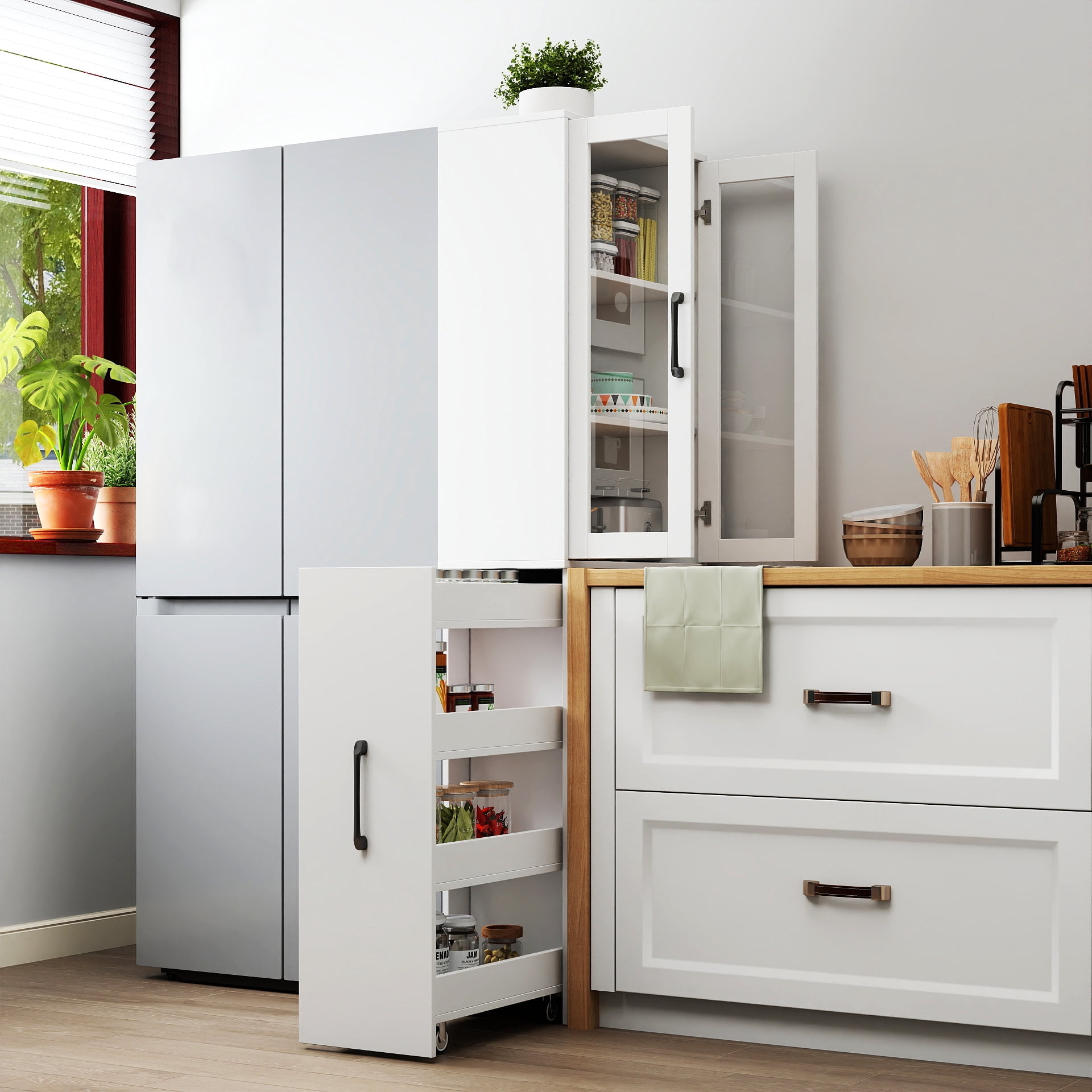 Display Storage Cabinet 4-Tier Pull-Out Shelf with 2 Glass Doors for Kitchen Living Room, White