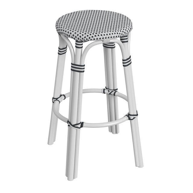 Butler Specialty Company Tobias Round Rattan 30" Bar Stool - White and Black Dot
