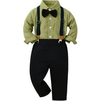NANAHuang Kids Boys Lapel Long Sleeve Bow Tie Button Floral Tee Shir Tops Shoulder Strap Pants 2PCS Gentleman Outfits
