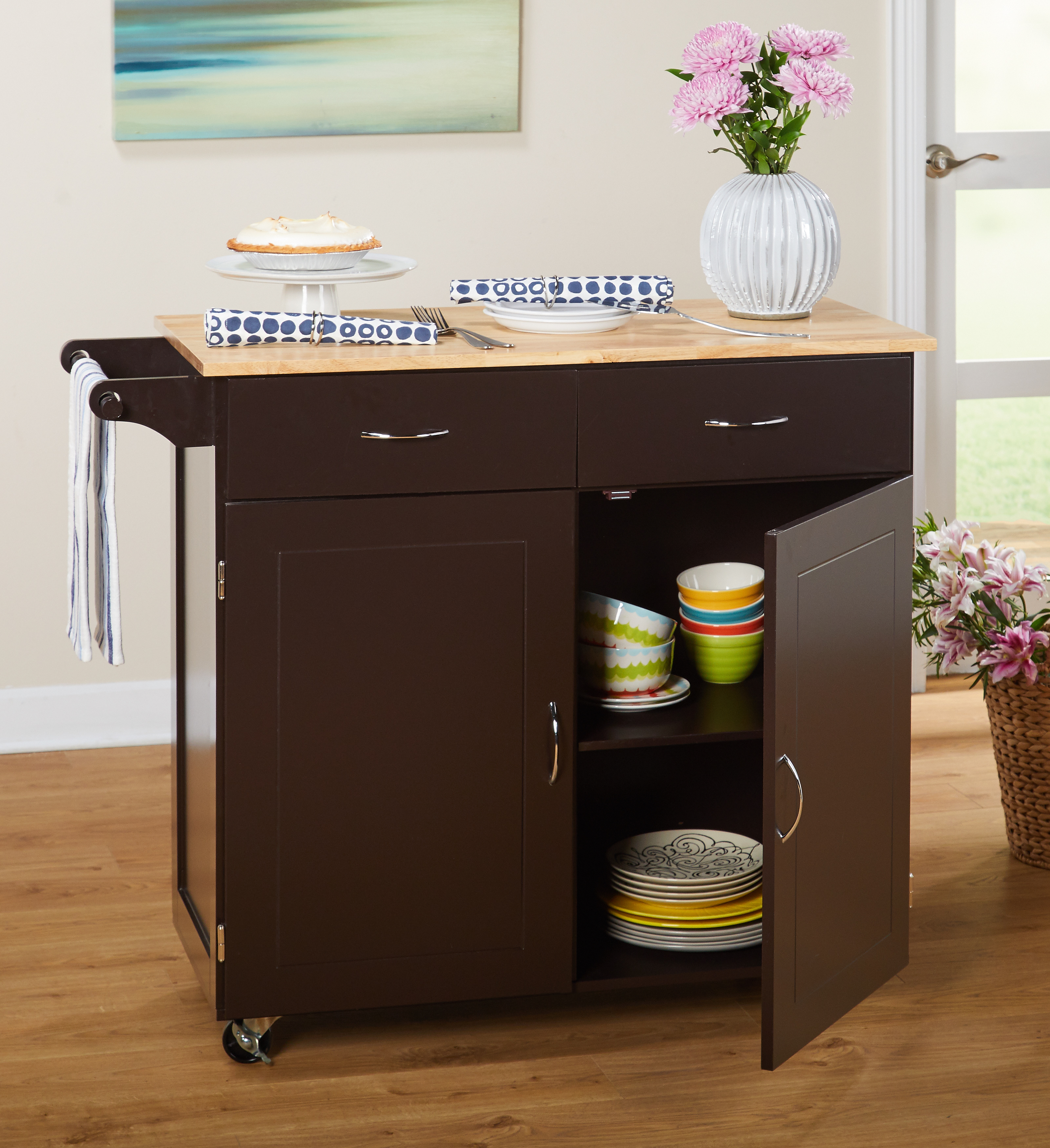 TMS Large Kitchen Cart with Rubber wood Top, Espresso - image 2 of 5