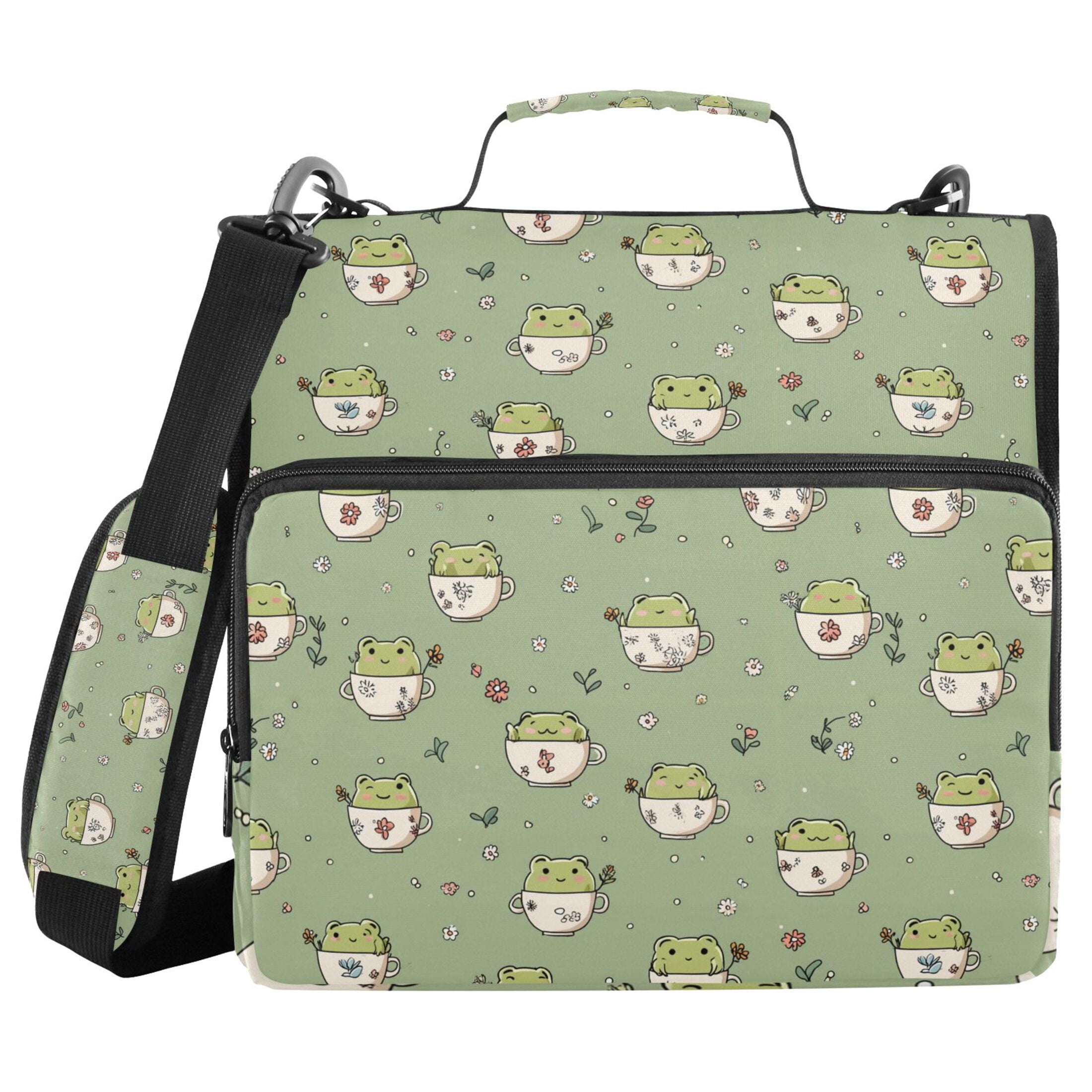 Zipper Binder Cute Frog with Flowers 1.5 Inch Binder Folder Bag with Shoulder Strap and Handle