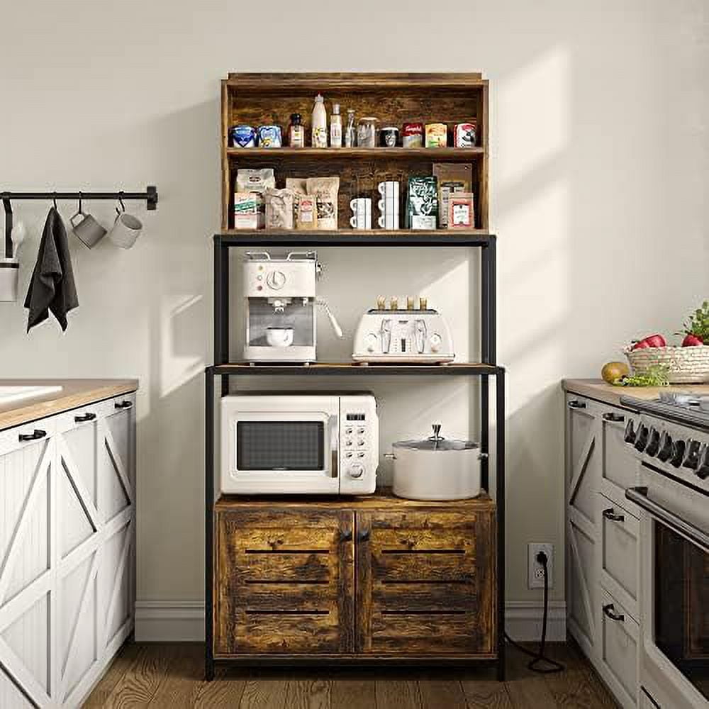 5-Tier Kitchen Bakers Rack with Power Outlet, Industrial Microwave Oven Stand with Shelves, Kitchen Utility Storage Shelf with Cabinet, Standing Kitchen Storage Rack, Rustic Brown
