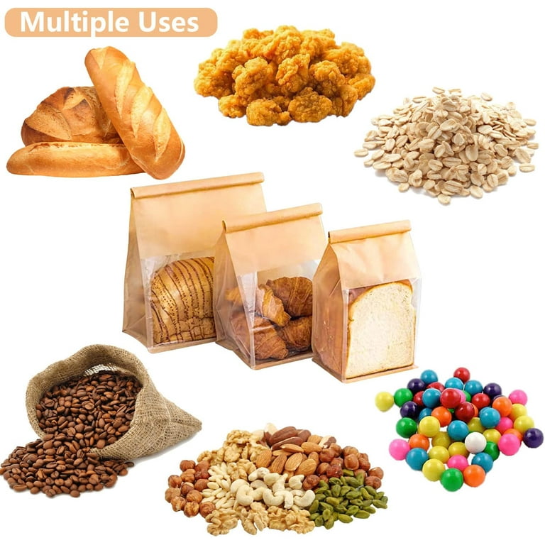 50 Pack Bakery Bags With Clear Window & Tin Tie - Kraft Paper & Plastic, Large 10.6x8.6x4.3 In, For Bread, Cookies, Treats