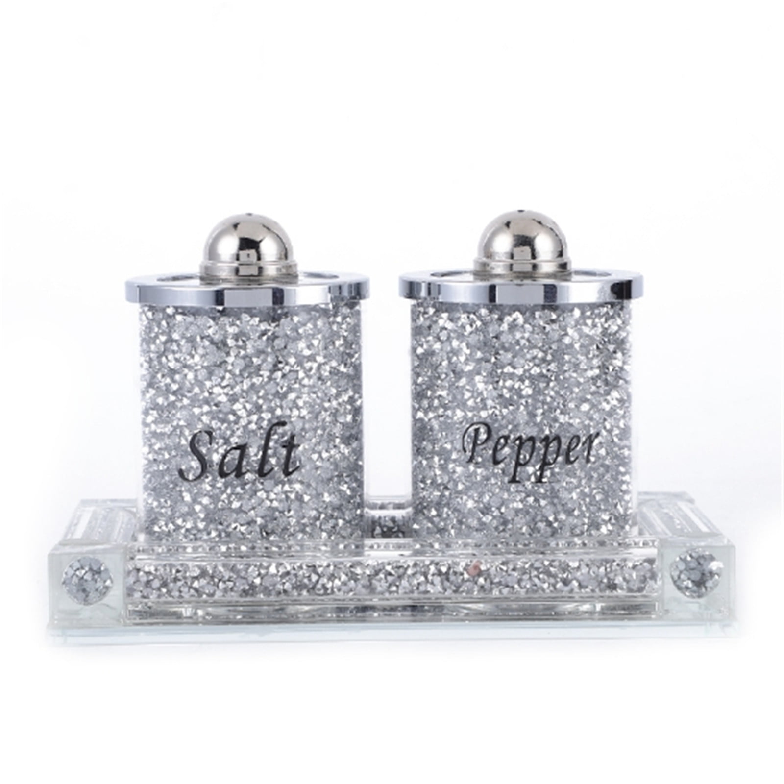 Luxurious Diamond Style Calt Pepper Shaker Glass Jar Canister Set for Kitchen Counter BTSKY Set of 3 Sparky Glass Crystal Crushed Diamonds Salt and Pepper Shakers with Tray 