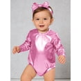 thumbnail image 5 of Hansber Toddler Baby Girls Shiny Metallic Long Sleeve Romper with Bow Headband for Birthday Party Outfit Pink 6-12M, 5 of 7
