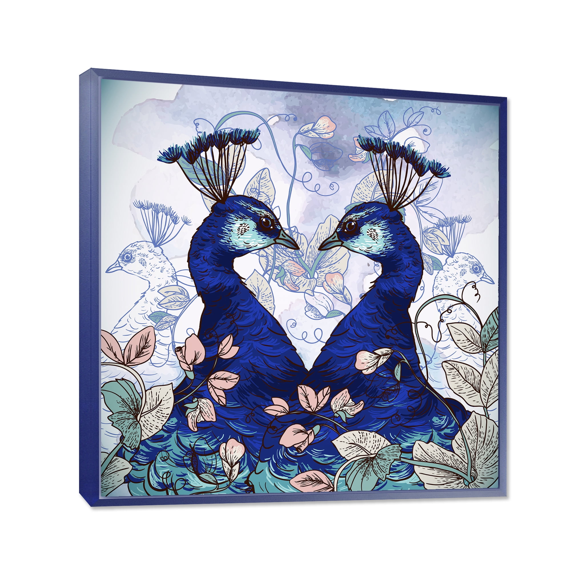 Designart 'Wildflowers With Two Blue Peacocks' Traditional Framed Canvas Wall Art Print