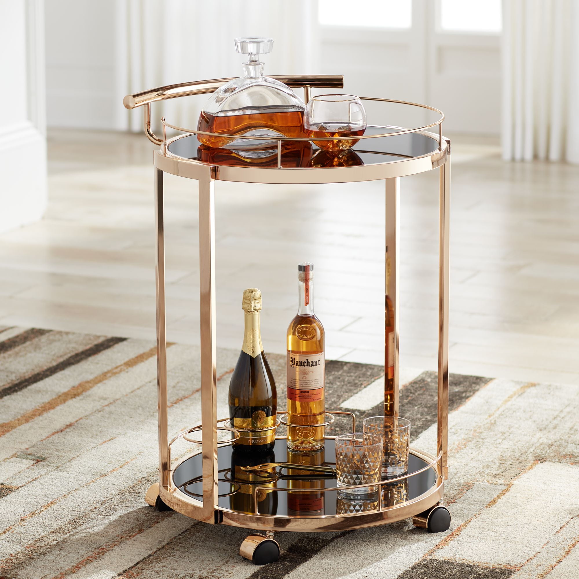 Studio 55D Treviso 19" Wide Black Glass and Gold Round Serving Bar Cart