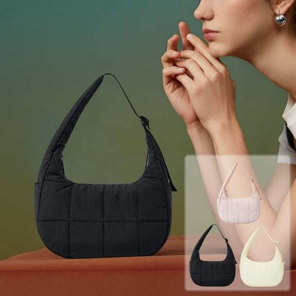 Women's Nylon Quilted Shoulder Bag Small Handbag with Adjustable Strap Zipper Closure Multi-Compartment Purse for Daily Use Casual Formal Wear Lightweight Compact Checkered Design