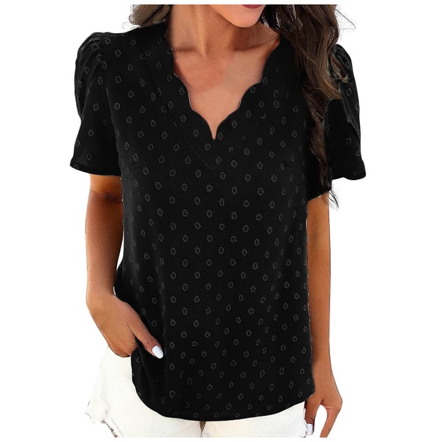 Bowake Summer Tops for Women Casual V Neck Swiss Dots Ruffle Short Sleeve Solid Color Going out Tee Shirts