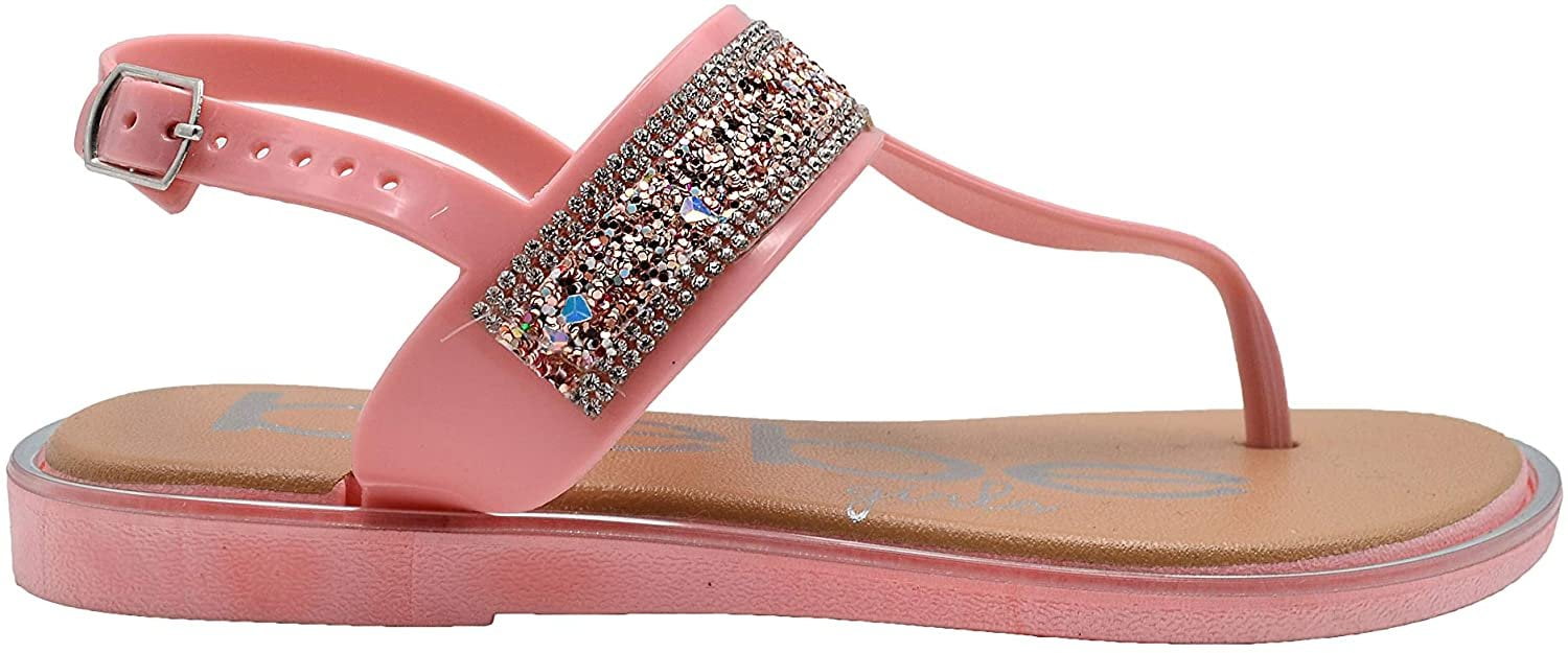 bebe Girls Sandal Kid T-Strap Dress Slip On Summer Shoe, Rhinestone Strap